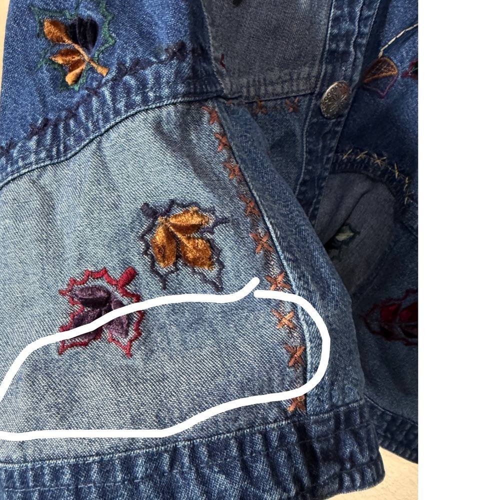 Vintage Sara Studio Denim Jacket Patchwork Leaf E… - image 8